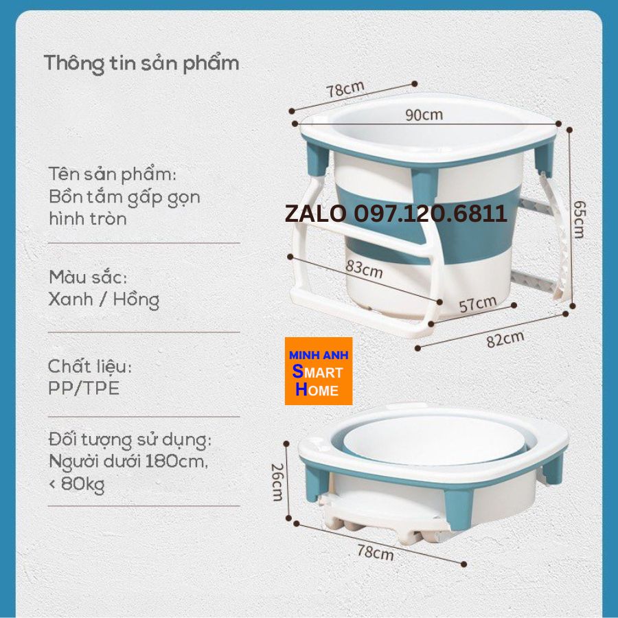 Kích thước bồn tắm gấp gọn tròn nhựa cao cấp