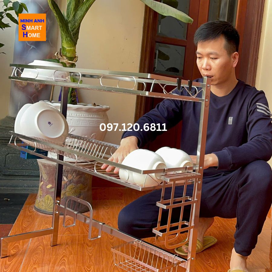 Hình ảnh thực tế kệ chén inox 2 tầng trên bồn rửa - Ảnh phía trước