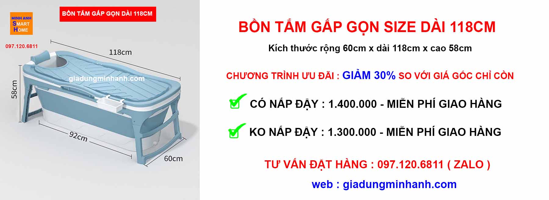 Báo giá bồn tắm gấp gọn kích thước dài 118cm
