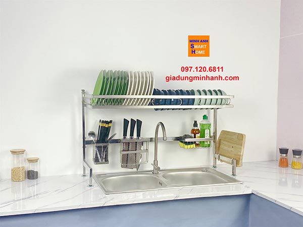 Kệ chén inox trên bồn rửa đôi dài 86cm inox - loại 1 tầng