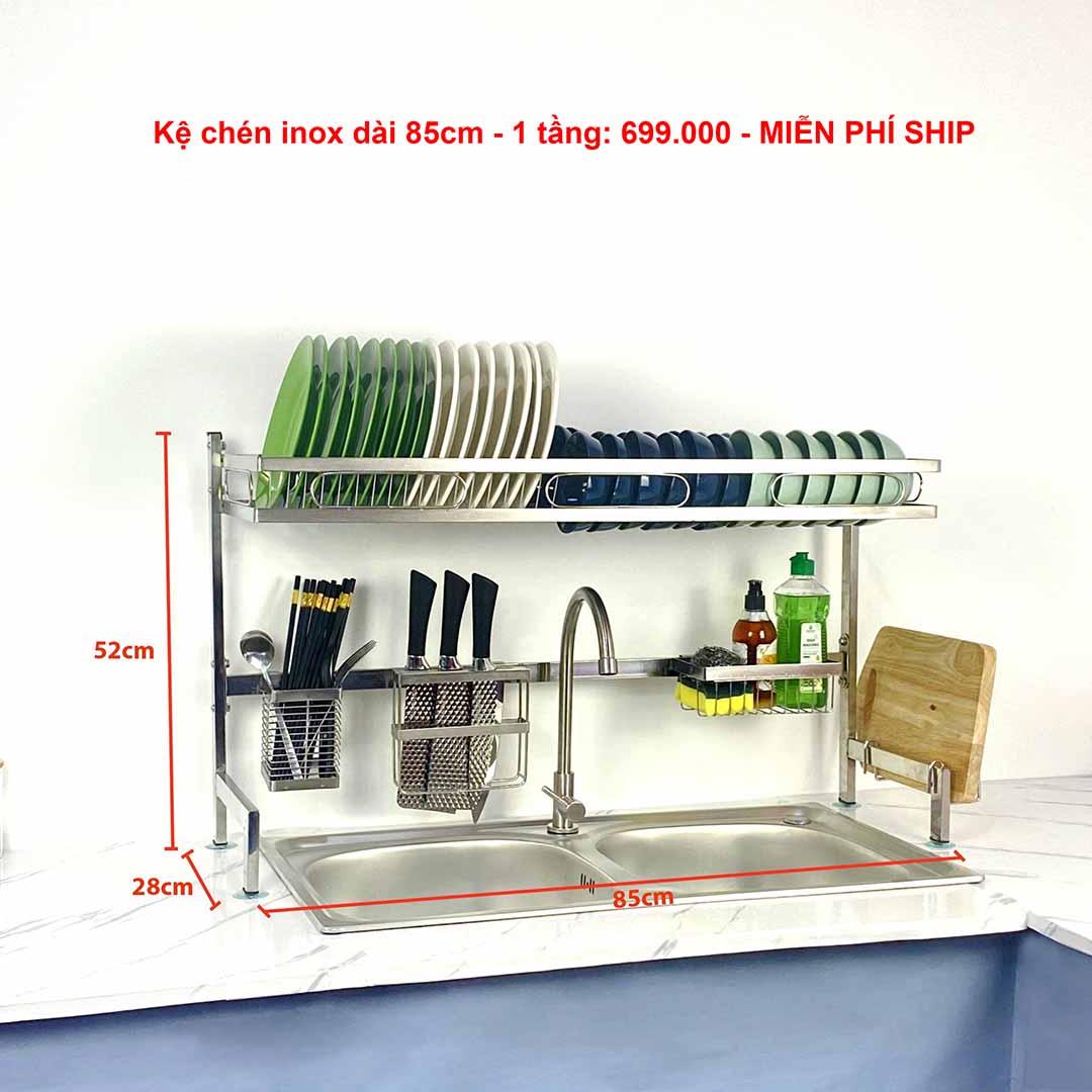 Báo giá kệ chén inox trên bồn rửa 1 tầng dài 85cm