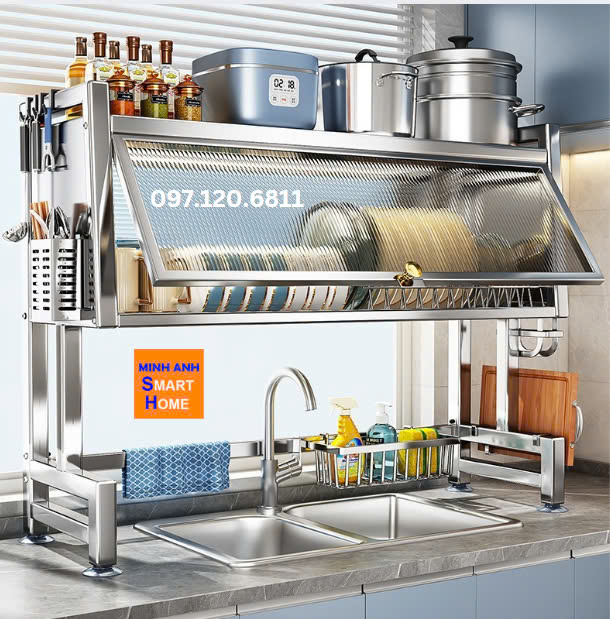 Kệ úp chén inox có nắp đậy 