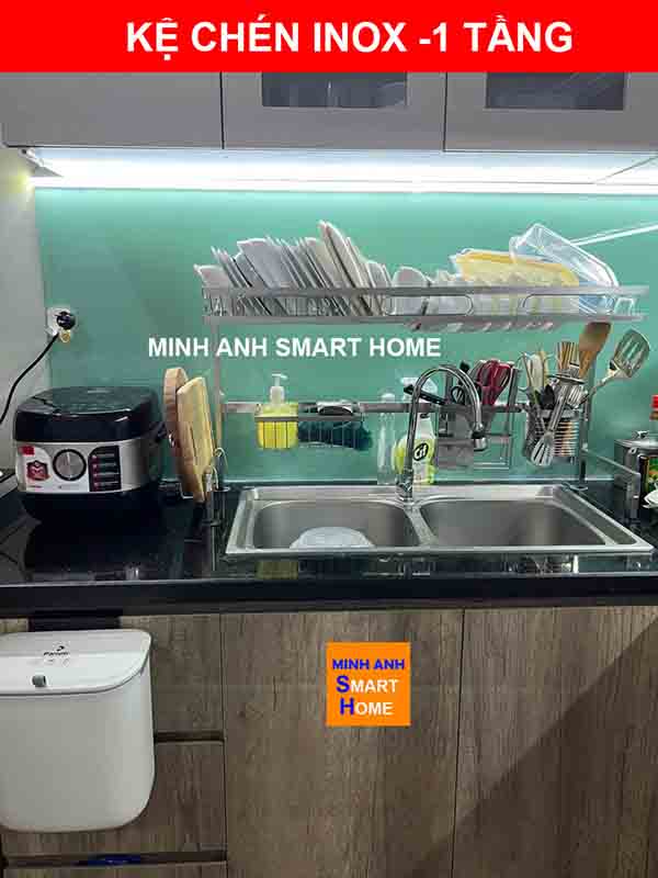 Kệ úp chén inox trên bồn rửa đôi 86cm inox - loại 1 tầng