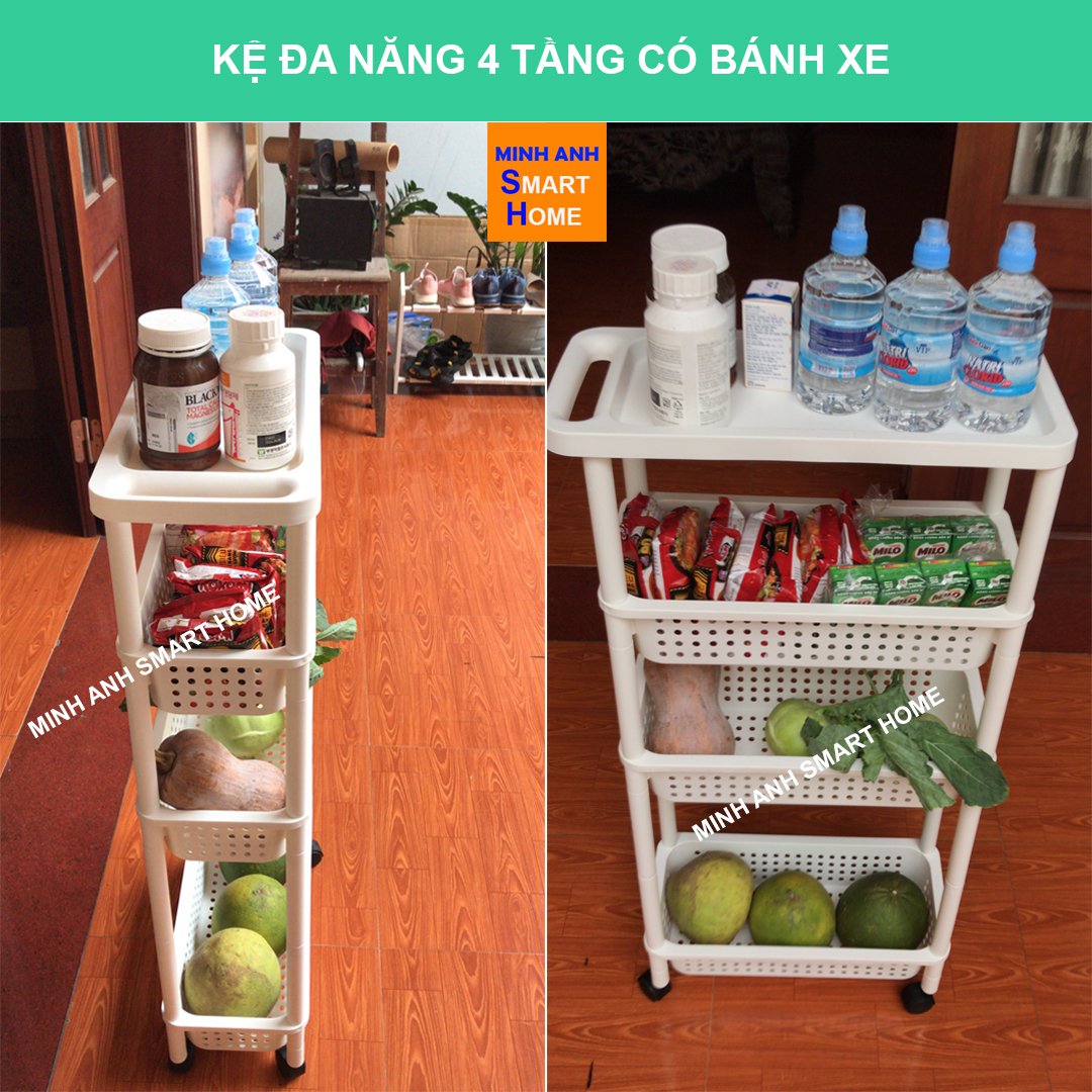 kệ đa năng nhà bếp - kệ đựng rau củ quả 4 tầng có bánh xe