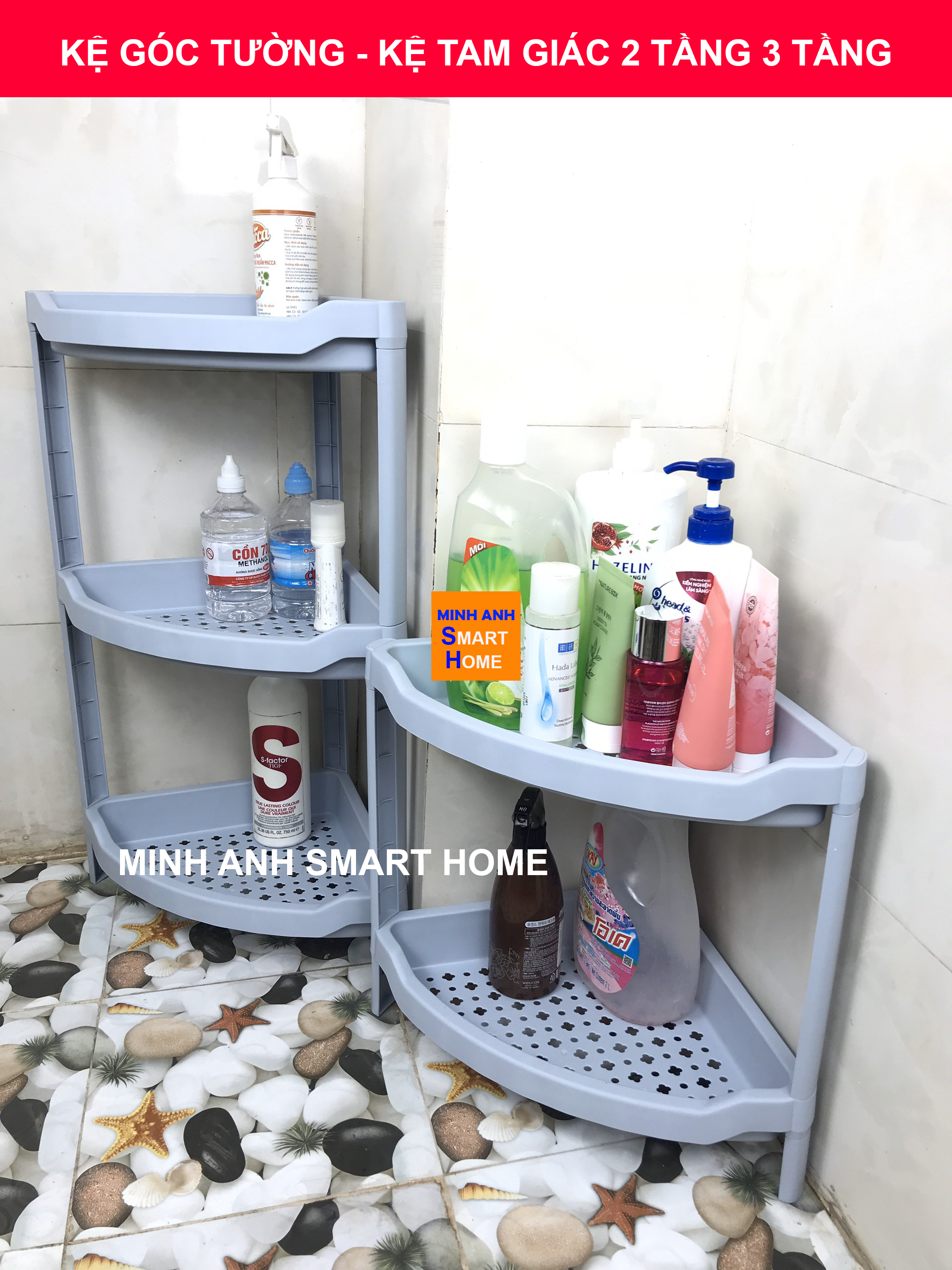 Kệ góc nhà tắm 2 tầng 3 tầng màu xanh
