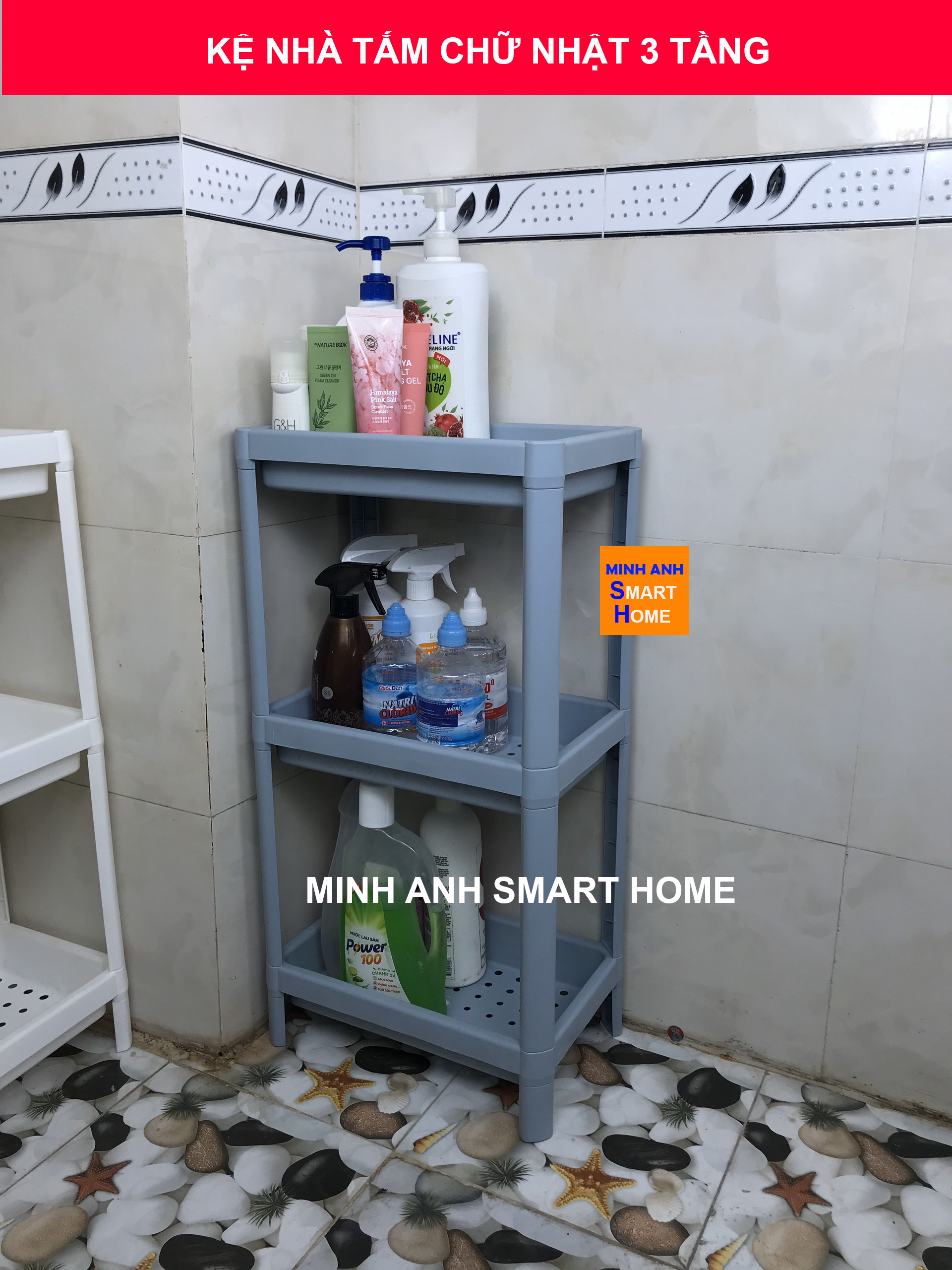Kệ nhà tắm đa năng chữ nhật 3 tầng màu xanh