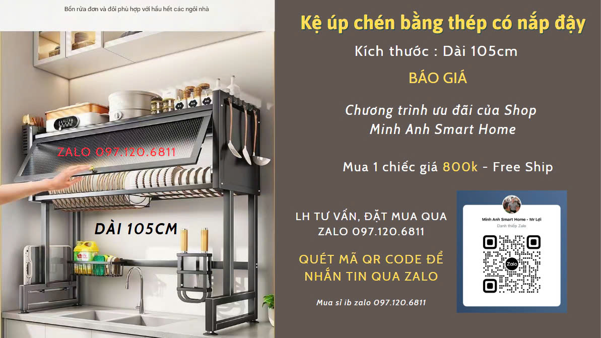 Kệ úp chén có nắp đậy bằng thép sơn tĩnh điện dài 105cm