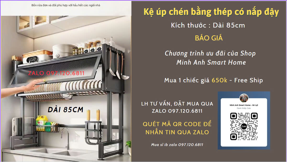 Kệ úp chén bát có nắp đậy bằng thép sơn tĩnh điện dài 85cm