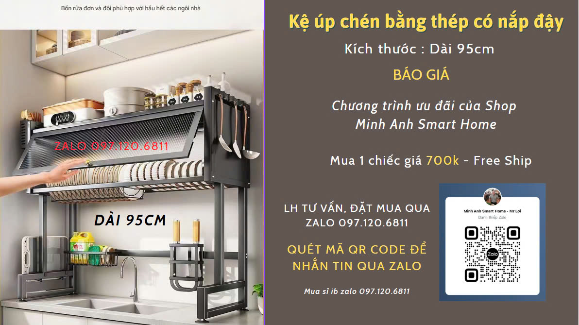 Kệ úp chén có nắp đậy bằng thép sơn tĩnh điện dài 95cm