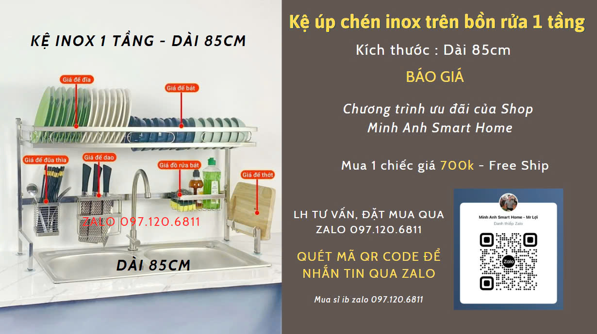 Kệ chén inox 1 tầng dài 85cm