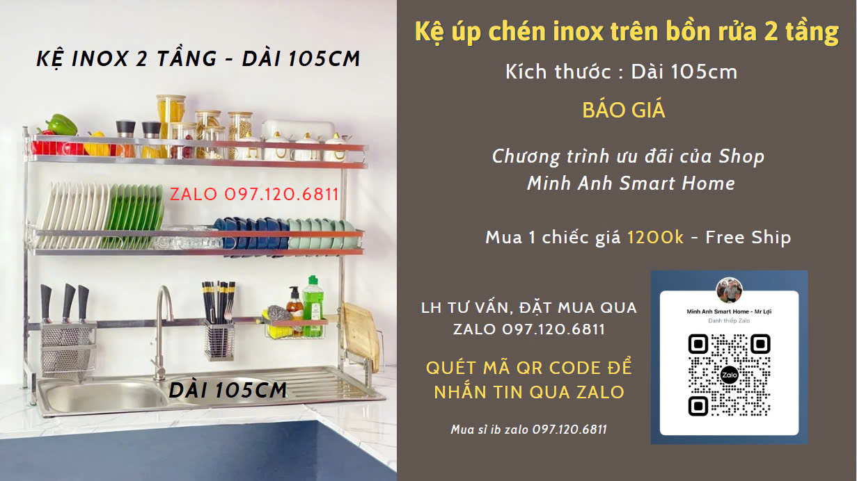 Kệ chén inox 2 tầng dài 105cm