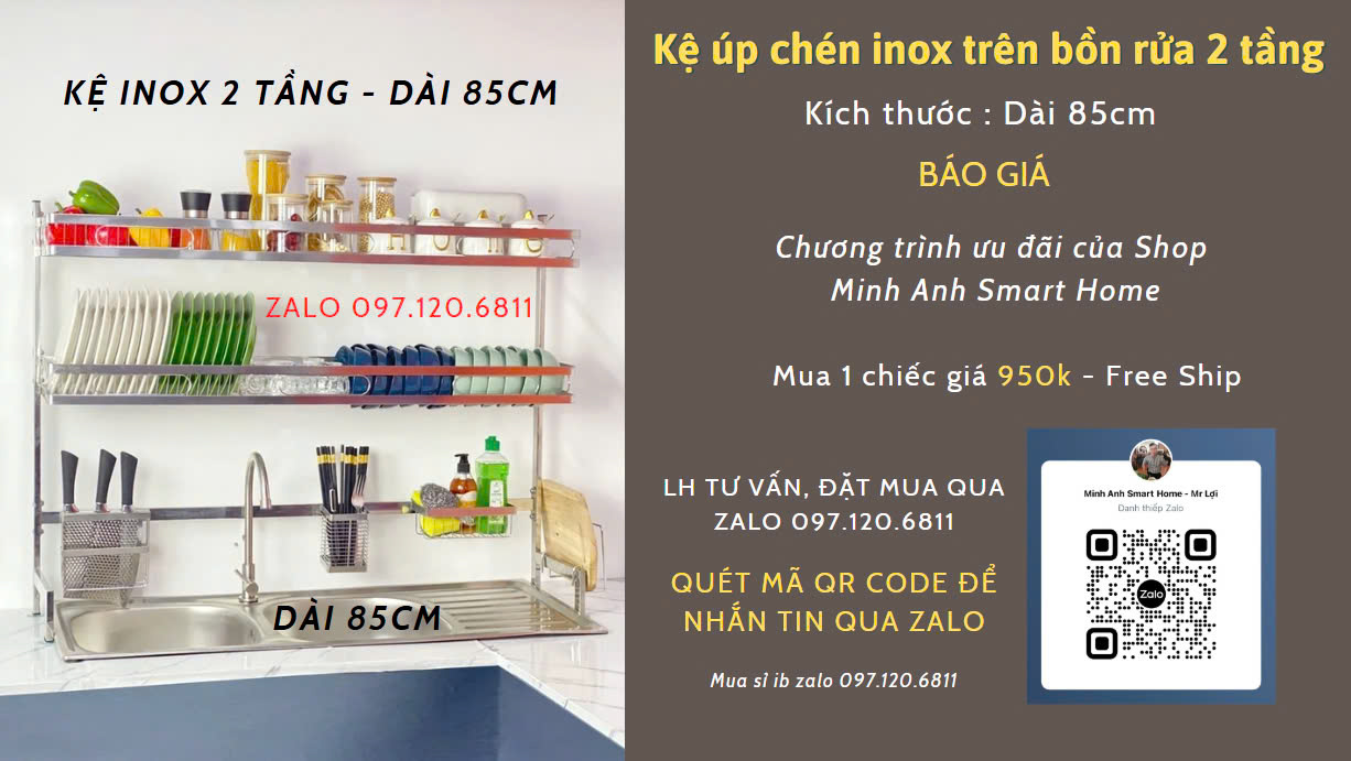 Kệ chén inox 2 tầng dài 85cm