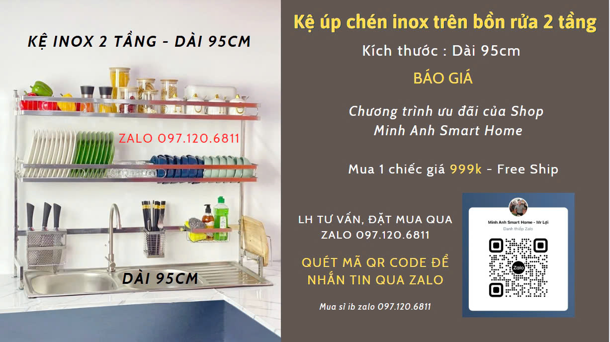 Kệ chén inox 2 tầng dài 95cm