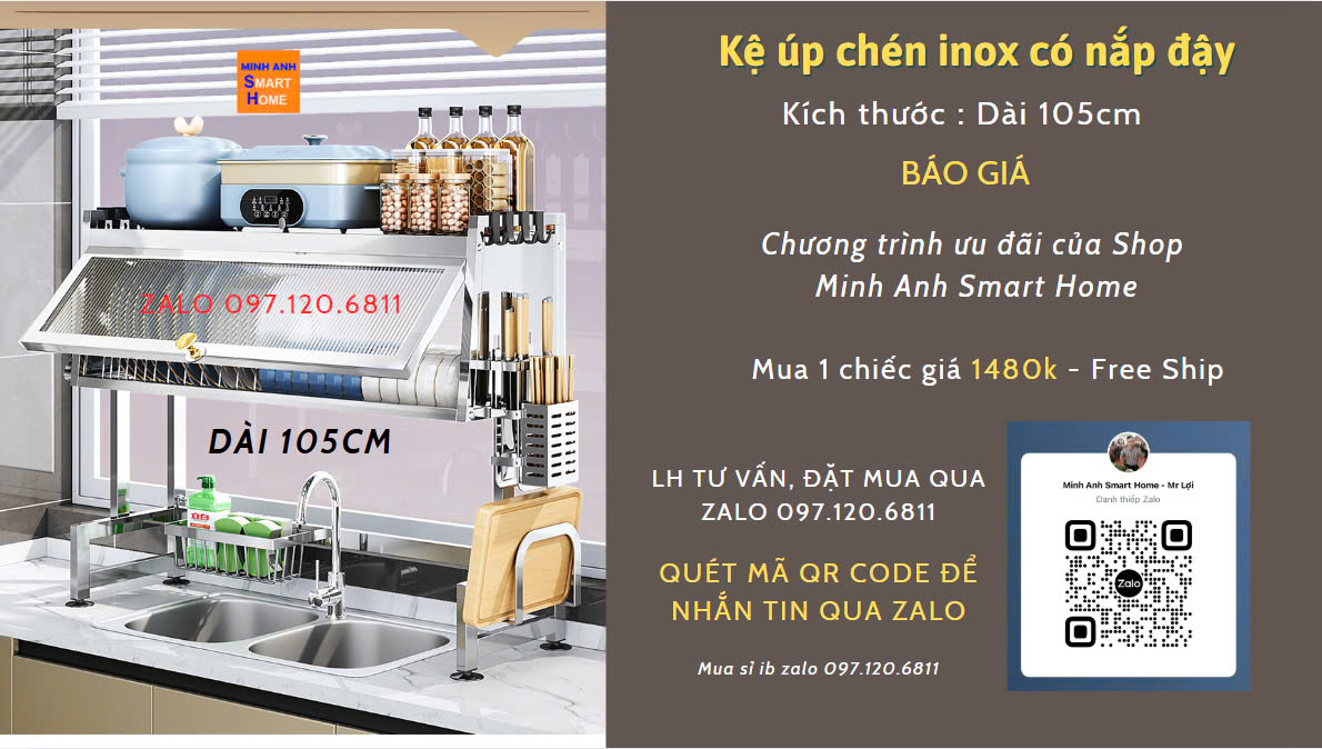 Giá bán kệ úp chén inox trên bồn rửa có nắp đậy dài 105cm