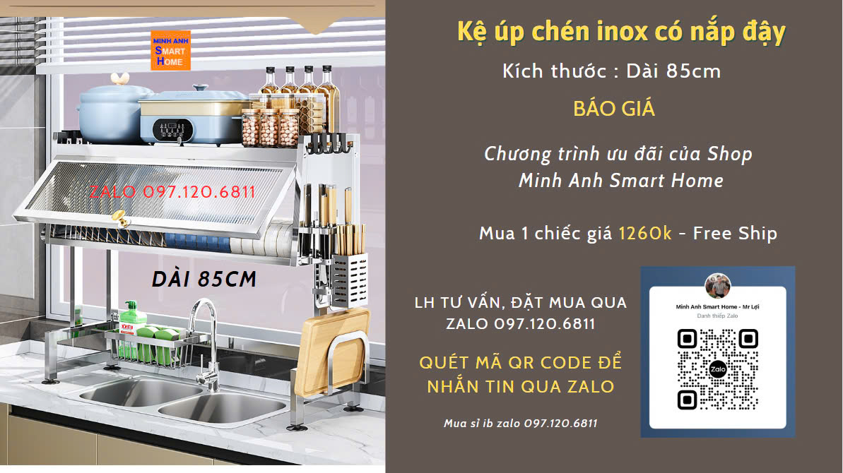 Giá bán kệ úp chén inox trên bồn rửa có nắp đậy dài 85cm