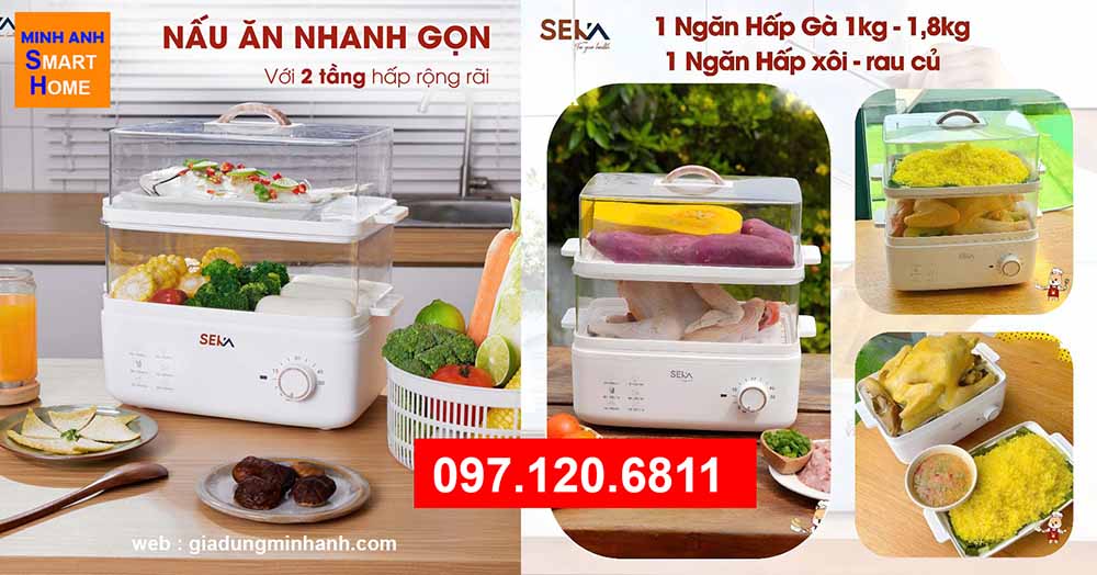 Nồi hấp điện 2 tầng chính hãng Seka 10 lít công suất 800w